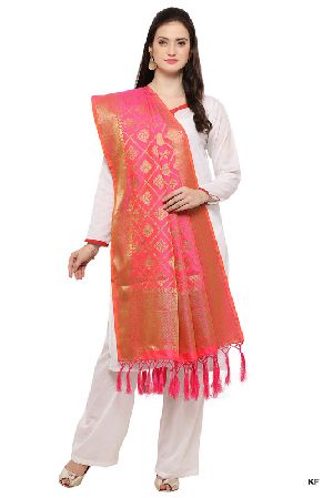 KF Alluring Pink Golden Banarasi Style Dupatta with Tassel
