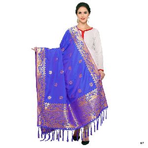 KF Royal Blue Golden Art Silk Banarasi Dupatta with Tassel