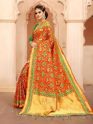 Krutifashion Orange And Green Banarasi Patola Style Saree