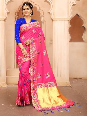 Krutifashion Pink And Royal Blue Banarasi Patola Style Saree