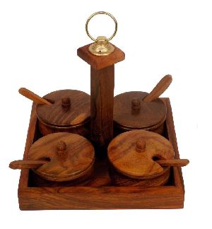 Wooden Spice 4 Container Tray Set
