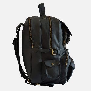 Large Black Leather Rucksack With Multiple Pockets