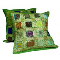 2 Green Embroidery Sequin Patchwork Indian Sari Throw Pillow Krishna Mart Cushion Covers