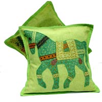 2 Green Handcrafted Applique Patchwork Ethnic Indian Horse Throws Pillow Krishna Mart Cushion Covers