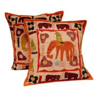 2 Orange Handcrafted Applique Patchwork Ethnic Indian Elephant Throws Pillow Krishna Mart Cushion Covers