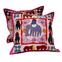 2 Pink Handcrafted Applique Patchwork Ethnic Indian Elephant Throws Pillow Krishna Mart Cushion Cove