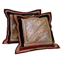 2 Red Embroidery Indian Sequin Sari Vintage Throw Pillow Krishna Mart Cushion Covers
