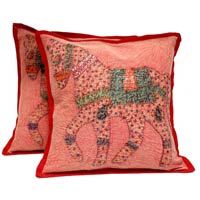 2 Red Handcrafted Applique Patchwork Ethnic Indian Horse Throws Pillow Krishna Mart Cushion Covers