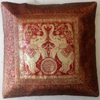 Dark Red Traditional Ethnic Indian Elephant Embroidered Silk Throw Cushion Pillow Cover Banarasi Brocade Work