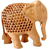 Hand Carved Elephant Wooden Jali Figurine Statue