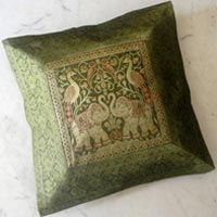 Traditional Green Ethnic Indian Elephant Embroidered Silk Throw Cushion Pillow Cover Banarasi Brocade Work