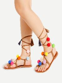 Pom Pom Embellished Lace Up Sandals