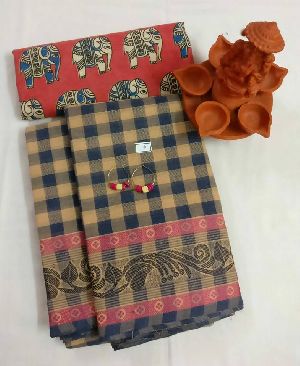 traditional checked cotton sarees with kalamkari blouse