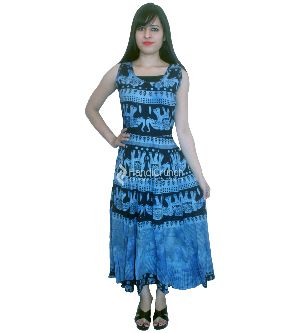 Blue and Black Elephant Printed Evening Gown