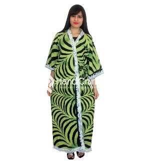 Green Printed Cotton Long Kimono Robe
