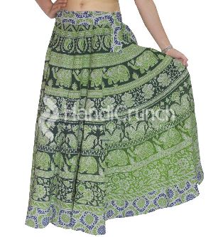 Green color elephant printed women rapron long skirt