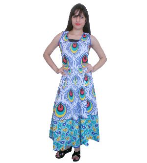 Peacock Printed Cotton Boho Evening Gown