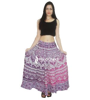 Cotton Handmade Pink Purple Ombre Mandala Print Floor Length Long Skirts