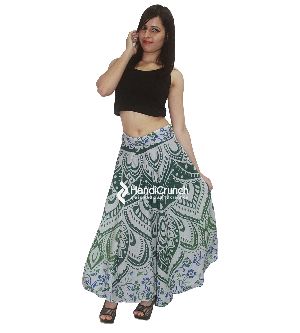 Pure Cotton Handmade Green Ombre Mandala Print Floor Length Long Skirts