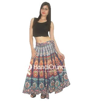 Cotton Handmade Feather Mandala Print Floor Length Long Skirt