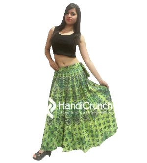 green mandala printed long rapron skirt