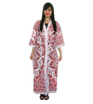 red ombre flower printed cotton long nightdress