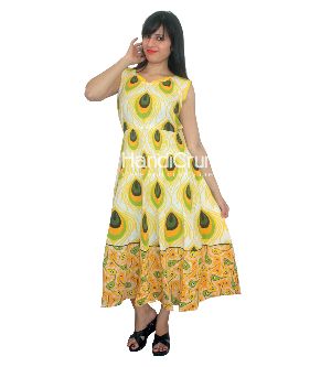 Yellow Peacock Printed Evening Gown Dress