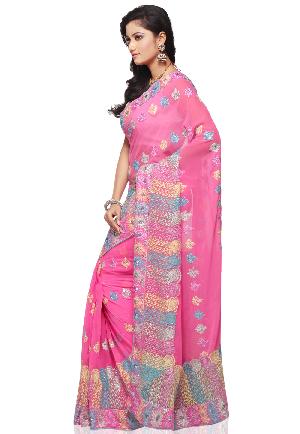 Aarya Ethnics Pink Color Georgette Embroidered Saree_DN-68