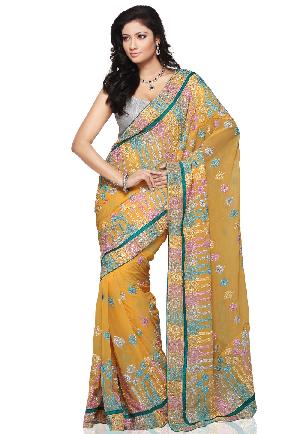 Aarya Ethnics Yellow Color Georgette Embroidered Saree_DN-83