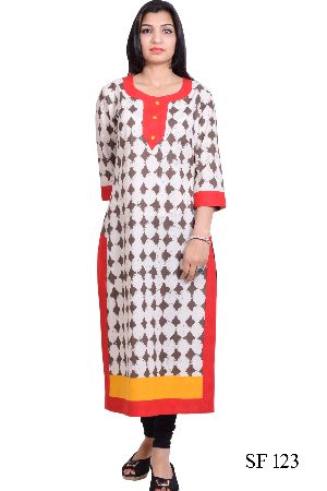 Sanganeri long straight Kurti with colourful border