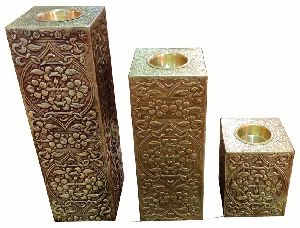 Wooden Brass Candle Stand Set