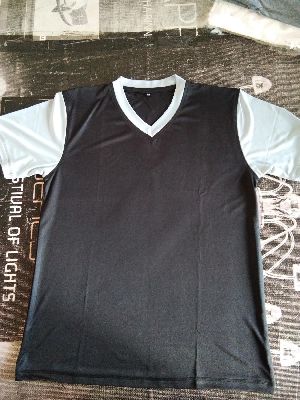 Black and White Polyester V Neck T-Shirt