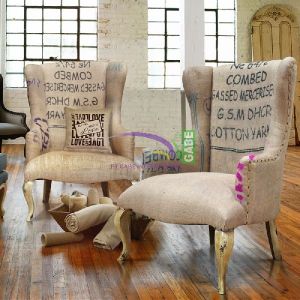 Mahogany Wood Wing Chair With Burlap Upholstered
