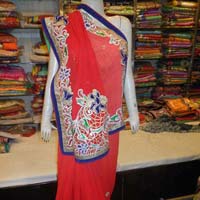 Designer Embroidered Rasem Work Georgette Saree Red Colour