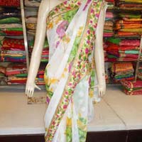 Designer Fancy Border Printed Georgette White Saree