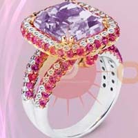 Big Gemstone of Amethyst with Cz Studded Silver Plated Rings