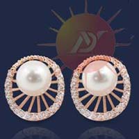 Fancy Cz Studded Rose Plated Pearl Earring