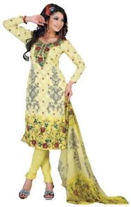 Fabdeal Floral Print Yellow Crepe Dress Material