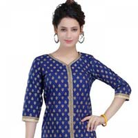 Bright-As-Blue Fashionably Printed Cotton Kurta for Women