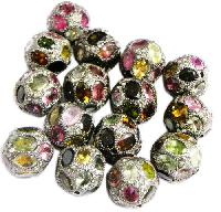 Diamond & Multi colored Tourmaline Stone studded Silver Bead