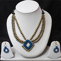 Terracotta Designer Jewelry 3 Layered Golden Beaded Blue Pendant Set