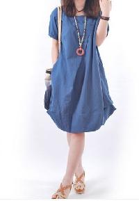 Blue Linen Regular Wear Women Dress