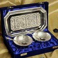 Brass Bowl Set with Tray & Spoon Silver Plated