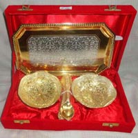 Brass Two-tone Bowl Set with Tray & Spoon Gold Plated