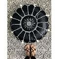 Black Moroccan Leather Pouf with stitching