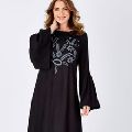 Floral Embroidery Long Sleeve Straight Long Ladies Dress