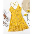 Floral Print Ruffle Hem Spaghetti Strap Backless Short Dress