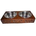 Pet Dog Wooden Double Stainless Steel Bowl