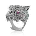 Ruby Pave Diamond Panther Silver Ring