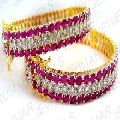 Gold Plated Diamond Style Cubic Zircons Ruby Side Lock Bangles Set